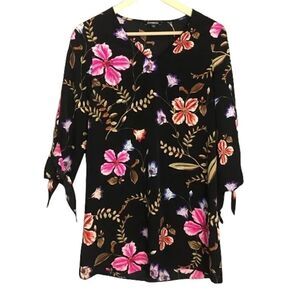Express Hawaiian Hibiscus Floral Print Pink/Orange/Purple Black Dress